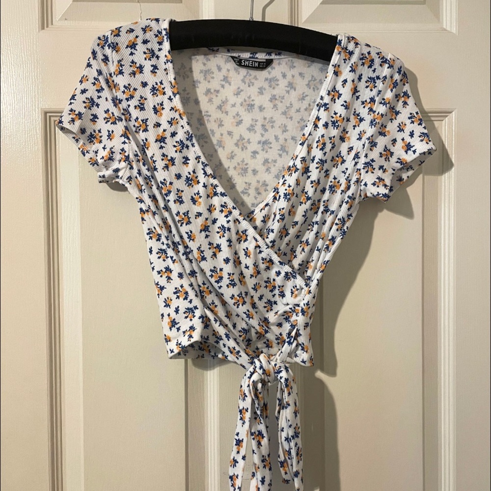 ribbed white floral top with cross over neckline